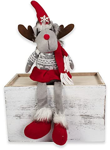 Renna Peluches Natalizia Decorativa Seduta Gambe Lunghe Altezza 41 cm Colore Rosso Grigio