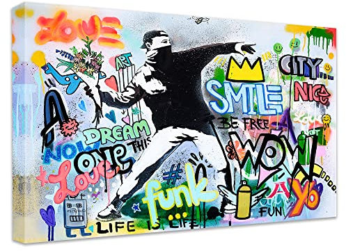 Leinwandbild Banksy Quer XXL I Flower thrower tags I Wandbild für zuhause, hochwertige Streetart graffiti Kunstdruck I Wanddeko, Popart bilder I fertig zum Aufhängen (140x200 cm)