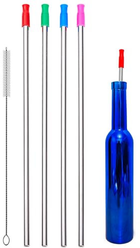 Wobye 4 Stück 35,6 cm extra lange 0,8 cm große, breite wiederverwendbare Edelstahl-Metall-Trinkhalme mit Reinigungsbürste und Silikonspitze für 128 100 75 64 1134 ml große Wasserflasche, hohe Becher,