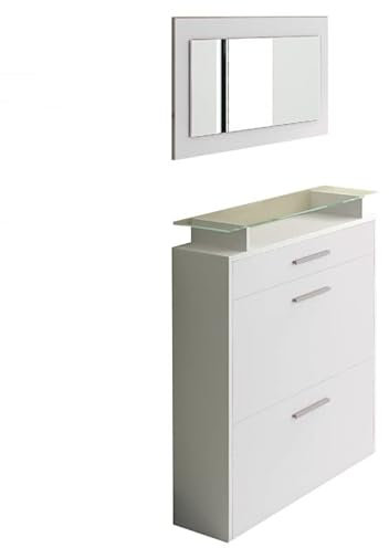 Jet-Line® | Moderner Schuhkipper mit Spiegel |Schuhschrank mit 2 Klappen und Spiegel | Weiss | Hochglanz | Schuhe | Kipper | Schrank | Flur | 89 x 23 x 96 cm Schrank, Schuhaufbewahrung