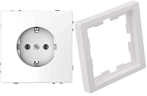 Merten MEG2301-6035 | Schuko Steckdose | System Design Serie | 16A - AC 250 V - Weiß | Made in Germany & Merten MEG4010-6535 | Abdeckrahmen | M-Creativ Design| 1-fach| ABS - 90 x 90mm - Weiß
