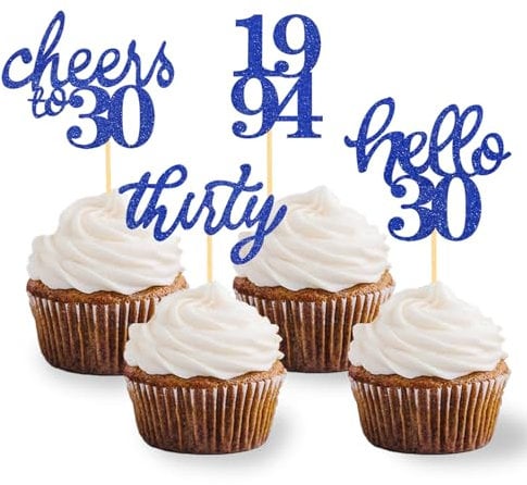 24 Stück Glitzer 30. Geburtstag Cupcake Topper Geburtstagsdeko von 1995 für 30 Geburtstagsfeier Zubehör Party Dekoration Kuchendekoration (Blau)