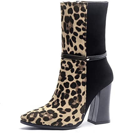 MRKEWUNEY Classico Mid Calf Stivaletti per donne Mid Block Heels Back Zip Dress Stivaletti Appuntito Ufficio Stivali Corti Big Size Heels Leopard Size 44