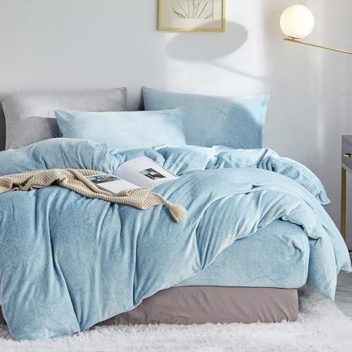 Luofanfei Warme Flauschige Bettwäsche 135x200 Blau Cashmere Touch Fleece Plüsch Bettwäsche 135 x 200 Frottee Nicki Samt Thermo Weiche Hellblau Uni Microfaser Fleece Winterbettwäsche Set
