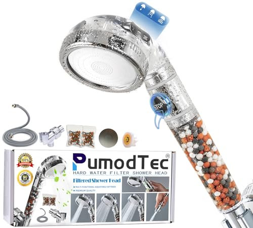 Cabezal de ducha filtrado, cabezal de ducha mineral de alta presión con filtro de cuentas para agua dura, 4 modos, extraíble para evitar bloqueos, con soporte de manguera, válvula de ahorro de agua y