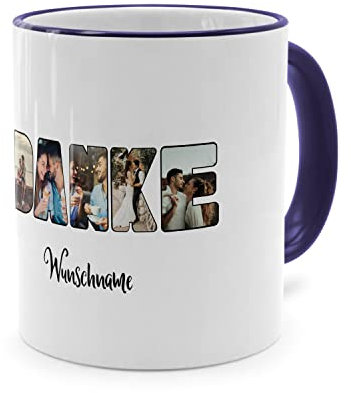 PhotoFancy® - Fototasse 'Danke' - Personalisierte Tasse mit eigenem Foto und Text selbst gestalten - Dunkelblau