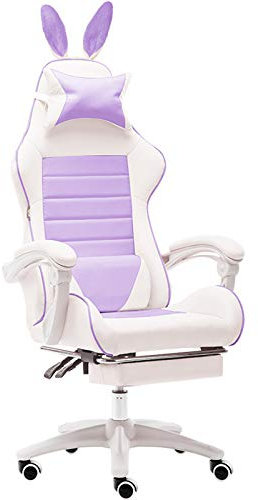 MOLVUS Gaming-Stuhl mit hoher Rückenlehne, ergonomisch, niedlich, Kawaii-Stil, Bürostuhl mit Kaninchenohren und Kopfstütze, maximales Gewicht von 150 kg, lila + Fußstütze