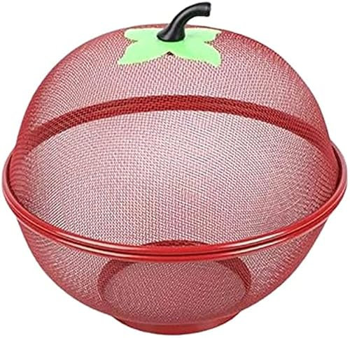 Corbeille à fruits en fil métallique avec couvercle, panier à fruits en maille avec couvercle pour décoration de cuisine (rouge)