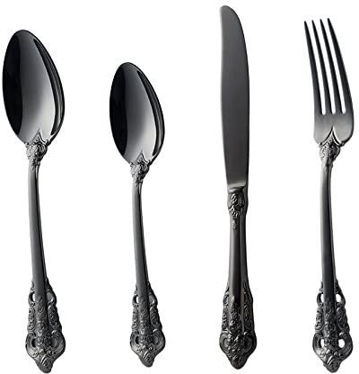 Set di posate Set di posate in argento vintage 24 pezzi 18/10 in acciaio inossidabile set di stoviglie in stile classico europeo manico per incisione floreale posate (bianco) (argento) decorazione
