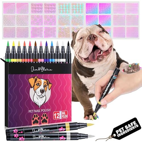 Jim&Gloria Dog Nail Polish Pen Set 12 Colors + Stencils, GOLD & SILVER Color, Dark Or Light Nails No Odor Quick Dry, Ideal Gifts for Girl Dog Accessories, Pet Costume, Birthday Supplies, Grooming Kit