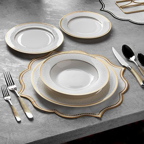 KONIGTUM Luxury White and Gold 24 Piece New Bone China Dinnerware Set for 6 People | Dinner Plates, Soup Plates, Dessert Plates, Small Plates | Crockery Dinner Service Set | KOR-DI