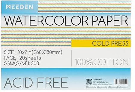 MEEDEN Aquarellpapierblock, 100% Baumwolle, Aquarellpapierblock mit 20 Blatt, 300 g/m², säurefreies Kunstpapier für Aquarell, Gouache, Tinte und mehr, 25,4 x 17,8 cm Kaltpresse