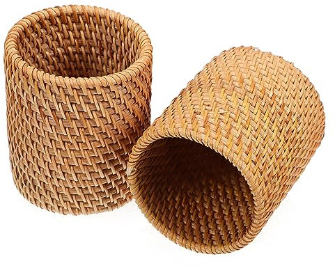 NUOBESTY Lot De 2 Porte-stylos En Rotin Tressé Organiseurs De Bureau 8 Cm De Diamètre 10 Cm De Hauteur Décoration De Bureau Pot À Crayons Distributeur De Crayons Pour Salle De Classe