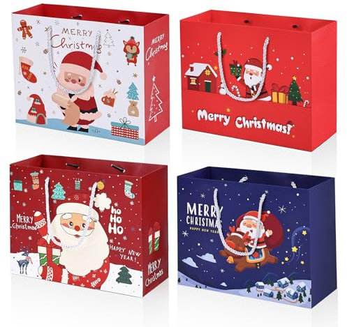 BBLIKE 4 Stück Geschenktüten Weihnachten, Weihnachtstüten mit Henkel mit Weihnachtsmannmuster, Weihnachten Papiertüten für Weihnachts geschenk, Weihnachtssüßigkeiten, Weihnachtsfeier (Horizontal)