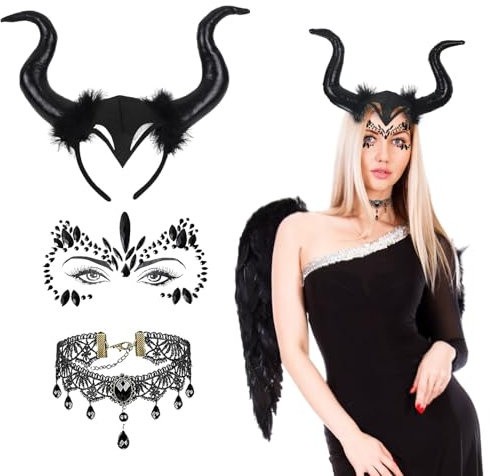 Accessoire d'Halloween pour femme - Cornes de diable - Costume de sorcière d'Halloween avec collier en dentelle gothique rétro - Accessoires de serre-tête - Costume de carnaval de rue - Bandeau de