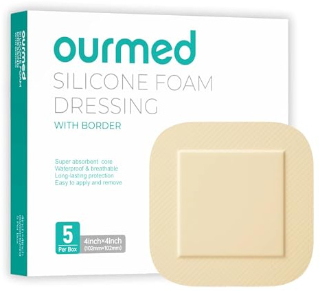 Ourmed Set mit 5 Silikon-Schaumverbänden mit Kleberahmen – Sehr saugfähiger wasserdichter Verband zur Wundversorgung, diabetisches Fußgeschwür, Beingeschwür, 10,2 x 10,2 cm