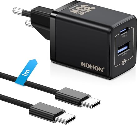 NOHON 35W Chargeur Rapide USB-C: GaN Prise Secteur 2-Port (USB C+USB A), Mural Chargeur USBC avec 60W Rapide Câble 1M, Adaptateur PD3.0 pour iPhone 15 14 13 12 Pro Max/iPad Pro Mini/Samsung