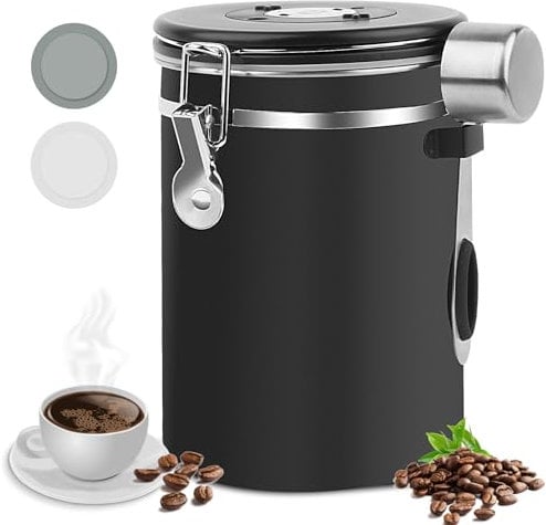 LWMTT Luftdichter Kaffeebehälter aus Edelstahl, 1,8L, mit Auslassventil, Vorratsdose für Kaffeebohnen, Nüsse, Kakao (BK)