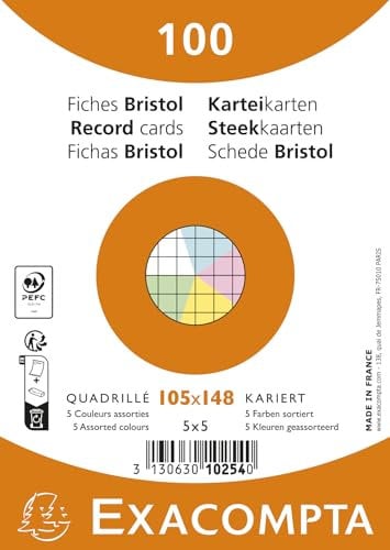 Exacompta - Ref. 10254E Karteikarten, kariert, 5 x 5, ungelocht, eingeschweißt, für Tintenstrahldrucker, Laser und Kopierer, Format 105 x 148 mm, verschiedene Farben, 100 Stück