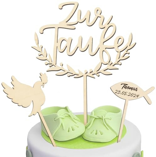 COLOFALLA 3 Stück Zur Taufe Cake Topper Taufe Torten Topper Holz Torten Topper Taube Fisch Kuchen Topper Tortendeko Party Dekoration für Junge Mädchen