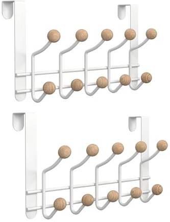 Lot de 2 crochets de porte en métal robuste avec 10 crochets en bois pour salon, salle de bain, chambre, cuisine, vêtements, serviettes, chapeaux, manteaux, sacs - Blanc