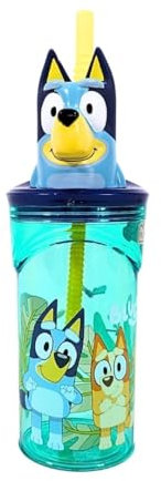 My sweety pop - Vaso reutilizable con pajita para niños, plástico, guarderías, escuela, vacaciones, comida, 23 cm, 360 ml, hidratación, idea de regalo, 3D, sin BPA (Bluey - transparente azul)