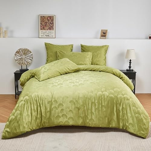 DXHOME Bettwäsche 200x200 cm Grün Olivgrün Seide Satin Ginkgo Muster Pflanzen Bettwäsche Wendebettwäsche Set 3teilig Bettbezug Sets mit Reißverschluss und 2 Kissenbezüge 80 x 80cm