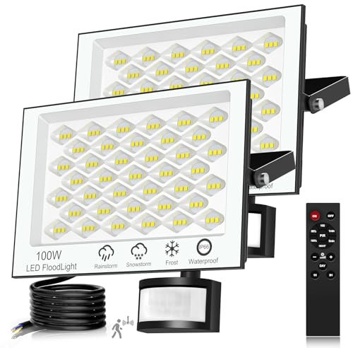 wowspeed Eclairage Exterieur avec Detecteur - 100W 10000LM Projecteur LED Extérieur avec Télécommande, Dimmable 6500K Blanc Froid Spot LED Extérieur IP66 Etanche Spot Exterieur pour Patio 2 Pièces