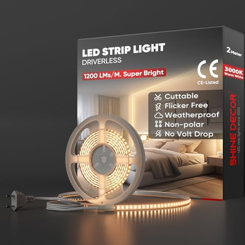 Shine Decor 2m Bande Lumineuse LED, 220V Autocollante Silicone Bande LED étanche IP65, SMD 2835 120 leds/m Ultra Haute Luminosité pour Décoration Maison Cuisine Jardin Eclairage LED (Blanc Chaud)