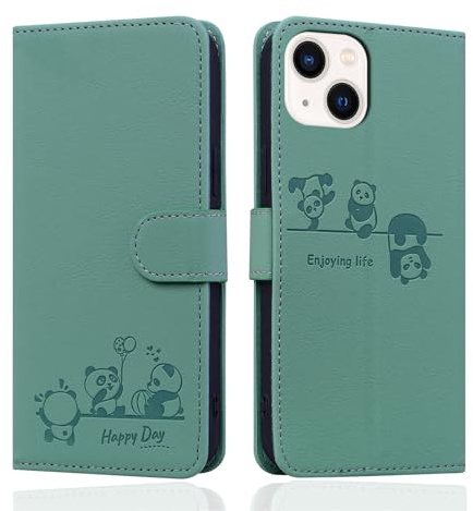 Butnyeoe for iPhone 15 Flip Case with Card Holder, iPhone 15 Wallet Case for Women, PU Leather Magnetic Book Protective Phone Cover, Cute Cartoon Panda Green