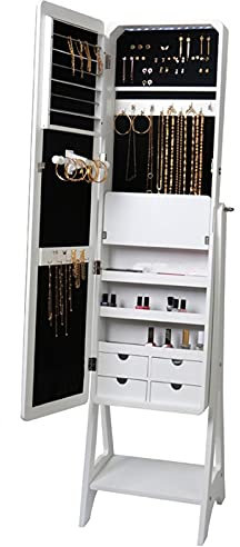 Armoire à bijoux avec miroir de sol pour tout le corps,miroir de toilette simple avec lumière LED pour chambre à coucher,armoire de rangement pour cosmétiques et bijoux(couleur:blanc,taille:156x38x4