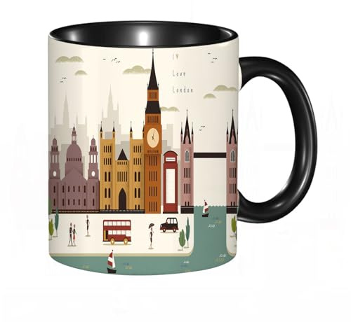 EKLMPS Becher aus Keramik, Ideal als Geschenk, Hochwertiger Aufdruck, Tasse mit Motiv, Tee Becher, Coffee Cup, 330ml,London, attraktive Reiselandschaft berühmte Stadt England Big Be