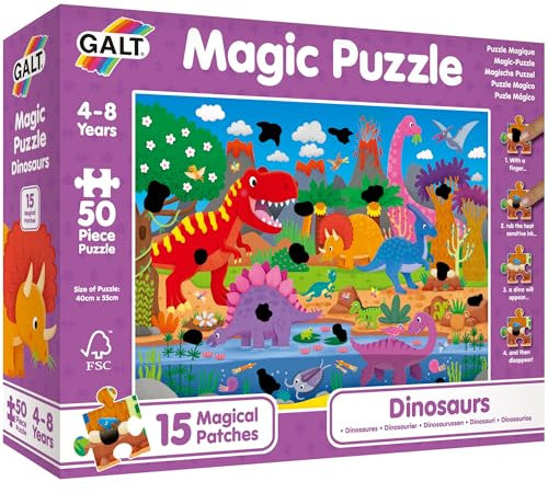 Galt Magic Puzzle Dinosaurs - Fun Colourful 50 Piece Jigsaw Puzzle for Kids, 15 Magical Rub & Reveal Patches - Dino Puzzle with Cute Prehistoric Characters - For Children Ages 4 to 8 Years - 40 x 55cm