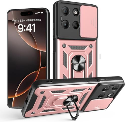 BEEJTUNY Coque pour Motorola Moto G15 avec Anneau 360°, Coque de Protection avec Cache Objectif, Étui de Protection Antichoc avec Support Magnétique. Or Rose