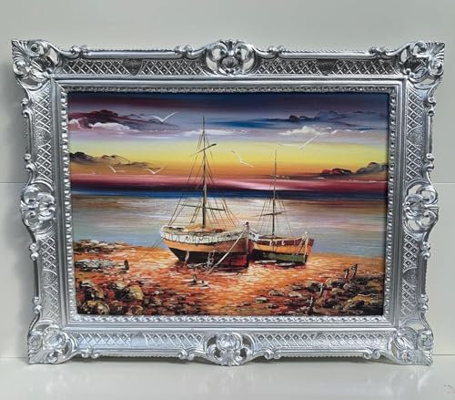 Gemälde Schiffe Segelschiff Kunstdruck in Barock Rahmen Fischerboot Meer Wasser See Segelschiff Schiffe Gerahmte Gemälde Wandbild Seefahrt Barock Bild