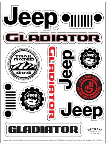 Jeep Gladiator-Aufkleberbogen, 15,2 x 20,3 cm, langlebige Vinyl-Aufkleber, wetterfest, UV-beständig, leicht abziehbar, Off-Road-Grafiken, 12 Stück