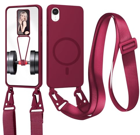xinyunew Cordon de Coque Compatible avec iPhone XR(6.1) Compatible avec MagSafe Coque,Collier Étui Silicone Liquide avec Tour de Cou Lanière en Corde Souple TPU Antichoc Housse-Rouge