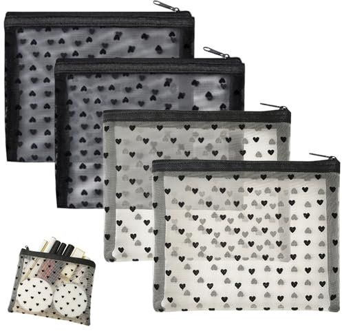 LUFFLOK 4 Stück Kosmetiktasche Klein, Kosmetiktaschen für Frauen Kleine Mini Make up Tasche Cord Schminktasche, Tragbare Makeup Bag mit Reißverschluss, Schwarz & Reis-Weiß (2 Farben)