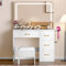 DWVO Vanity Table and Stool Set with LED Mirror, Makeup Desk with Adjustable 3-Colour Lighting, 4-Drawer Storage, Hair Dryer Rack & Built-in Plug Socket, Dressing Table for Bedroom, White