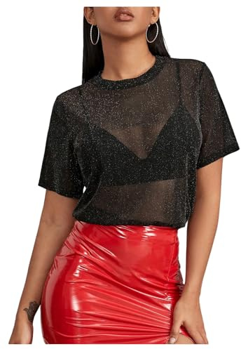 GORGLITTER Women's Sheer Mesh Glitter Rave Tops Short Sleeve Crewneck T Shirts Party Festival Outfits Black M