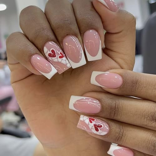 GlamRays 24 morceaux autocollants ongles carrés courte longueur brillant acrylique courts faux ongles avec bandes blanches et motifs de cœur rouge
