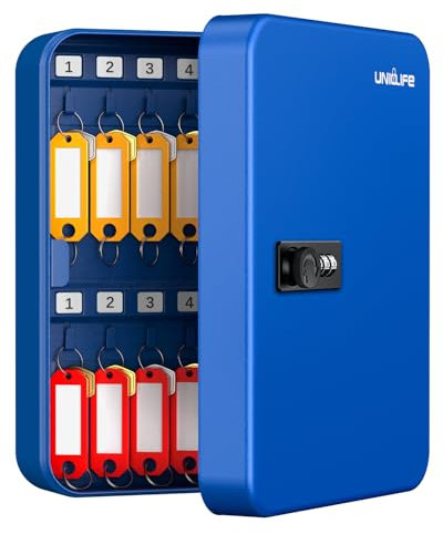 Uniclife Armario de 28 llaves de acero inoxidable con cerradura de combinación, organizador de llaves montado en la pared con código recuperable, caja de seguridad digital azul con gancho y etiquetas