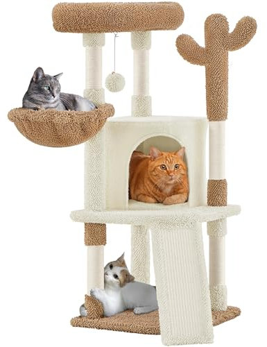 Yaheetech Árbol Rascador para Gatos en Forma de Cactus con Plataforma de Observación Cueva y Troncos de Sisal 42,5×42,5×106,5 cm Beige y Marrón
