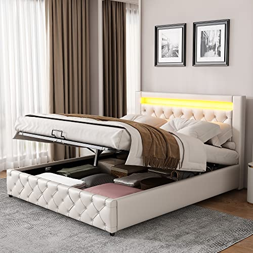 RIAZOS Polsterbett 140x200 cm, Doppelbett mit Hydraulische Stauraum, Kopfteil mit LED, Bettgestell mit Lattenrost, Jugendbett Erwachsenenbett, Kunstleder, Weiß, ohne Matratze