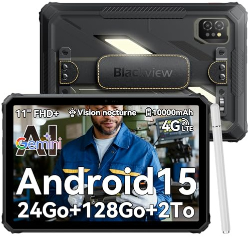 Blackview Active 7 Tablet Rugged 11 Pollici FHD+ Android 15 GeminiAI/20MP Visione Notturna/Luce Campeggio/Dual 4G Rugged Tablet PC 24 GB RAM+128 GB ROM+2 TB TF NFC/GPS/10000mAh/45W/OTG/con Penna Stilo