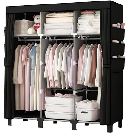 dongliangqinying Portable Fabric Wardrobe, 130x45x170cm Foldable Closet with 3 Hanging Areas and 18 Side Pockets, Non-Woven Clothes Storage Cupboard for Bedroom, Dorm & Living Room