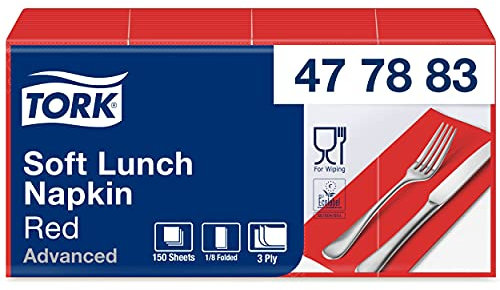 Tork 477883 Soft Lunchservietten Rot 1/8-Falz / 3-lagige, vorgefaltete Servietten für kleine Gerichte oder Snacks / Advanced Qualität / 10 x 150 (1500) Papierservietten / 32,6 x 33 cm (B x L)