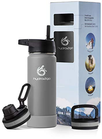 hydro2go Edelstahl Trinkflasche für Kinder, Schule, Sport & Outdoor, BPA-frei mit 3 Trinkverschlüssen, 100% auslaufsicher - Thermoskanne (Stone Gray 2.0) – 500ml
