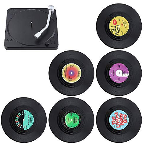 KEESIN Retro Vinyl Untersetzer,6 Stück Vinyl Schallplatten Untersetzer Getränke Untersetzer für Tassen Tisch Bar Glas Gläser mit Halter (Red)
