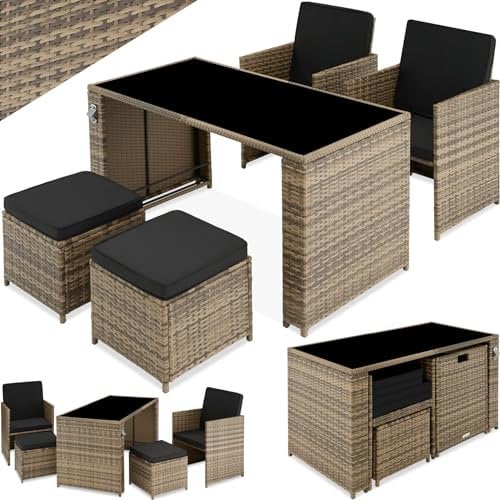 TecTake® Ensemble Salon de Jardin Exterieur 4 Places en Poly Rotin 2 Fauteuil Salon, 2 Tabouret Pouf et 1 Table de Jardin, Coussins Inclus, Mobilier de Jardin pour Amenagement Balcon Terrasse Veranda